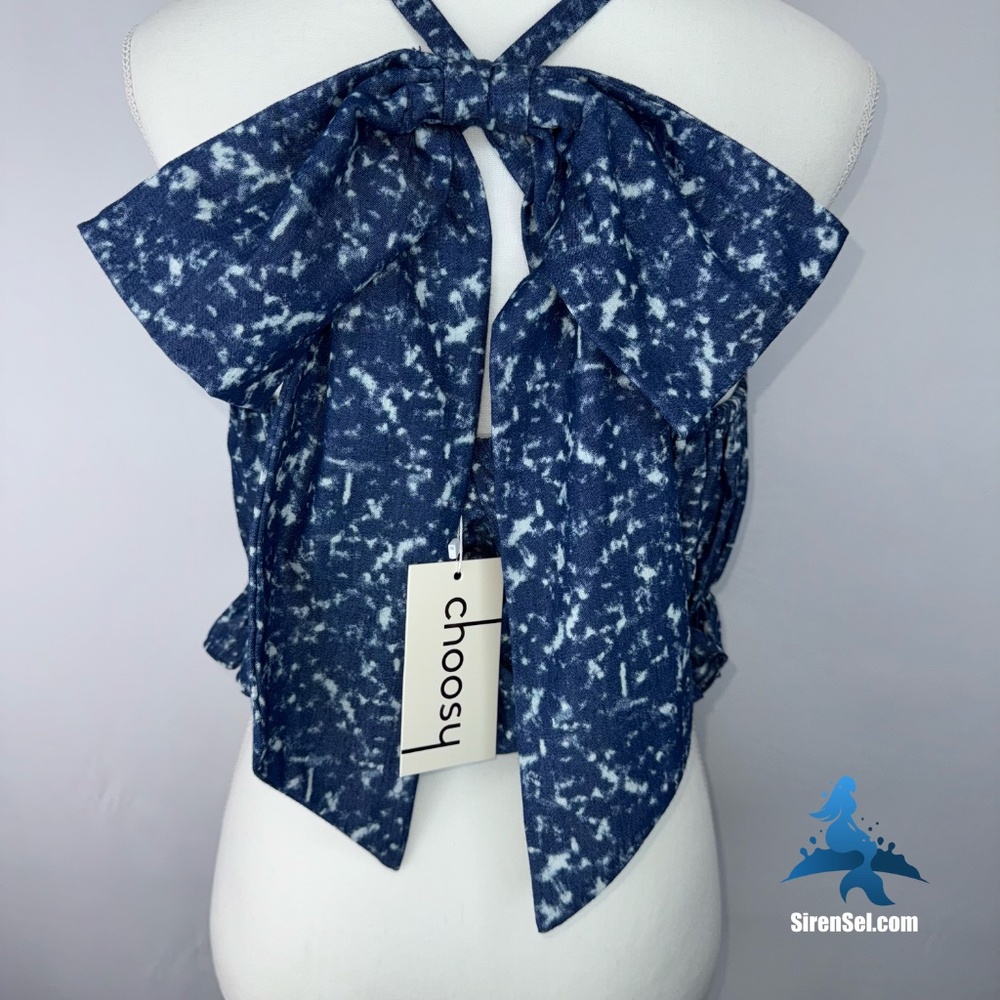 1153 NWT Choosy No Shade Bow Back Crop Top – L – Blue White - Picture 12 of 14